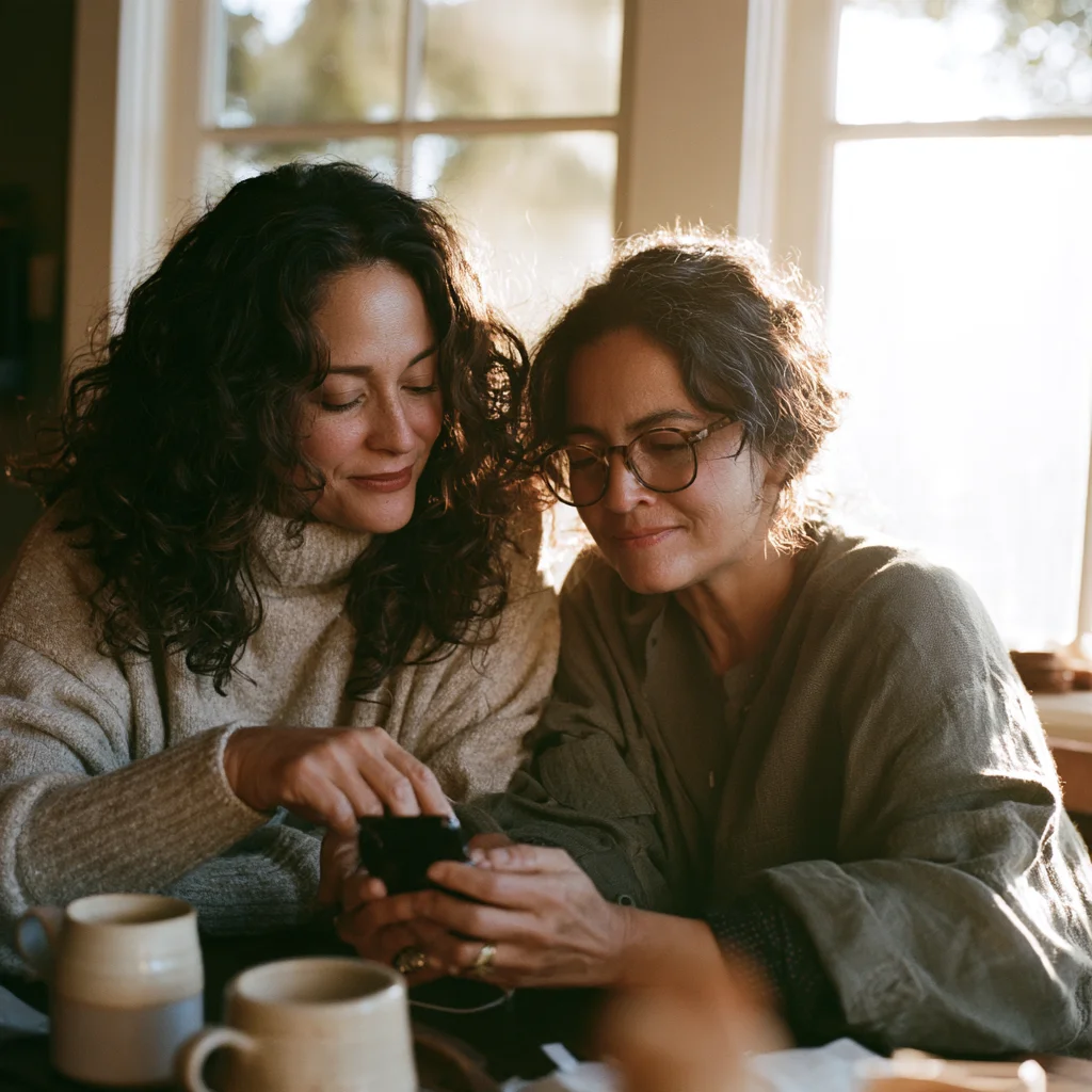 Two women looking at a phone together